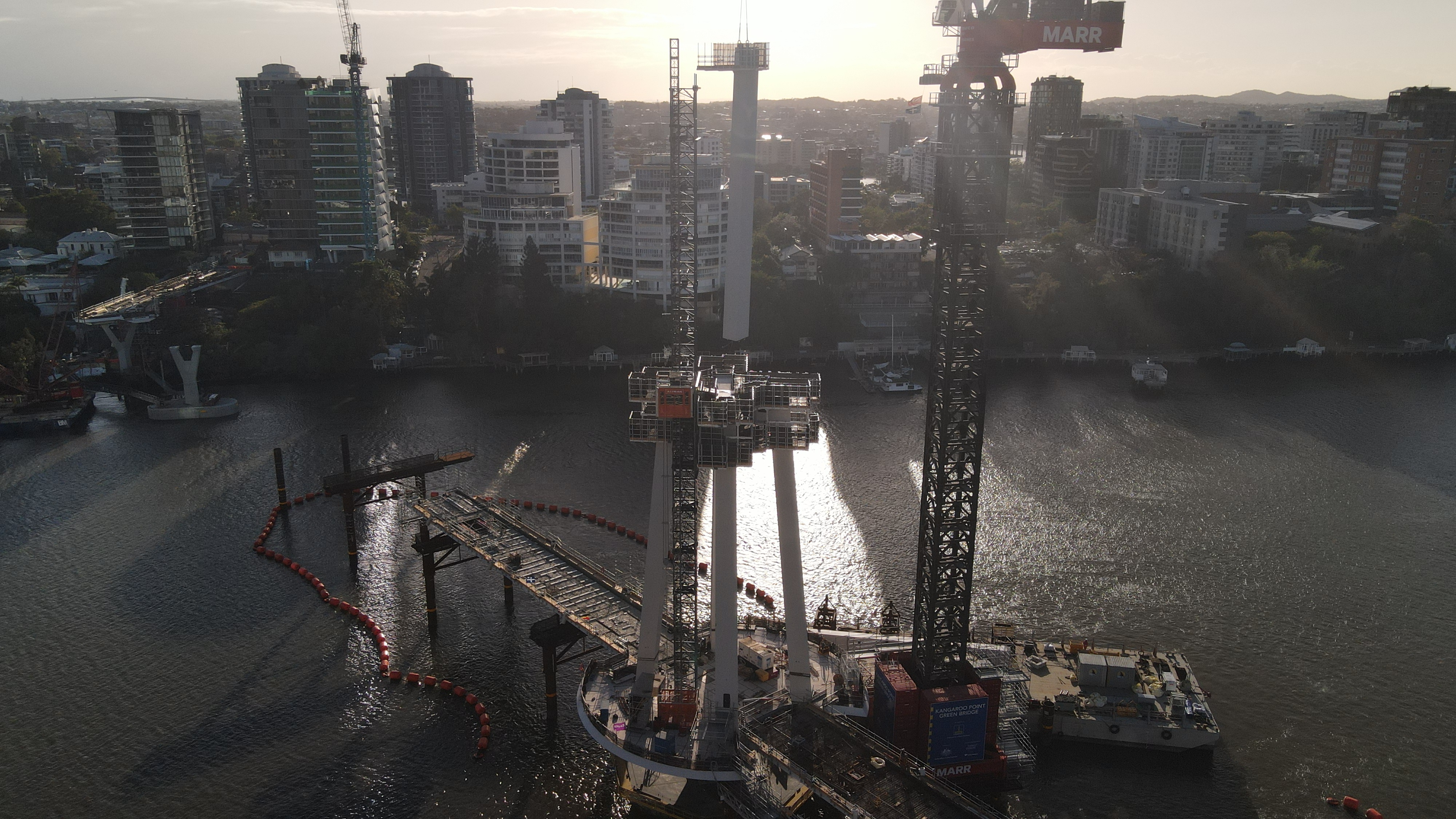 Structural steel erection — Kangaroo Point Bridge pylon construction on the Brisbane River