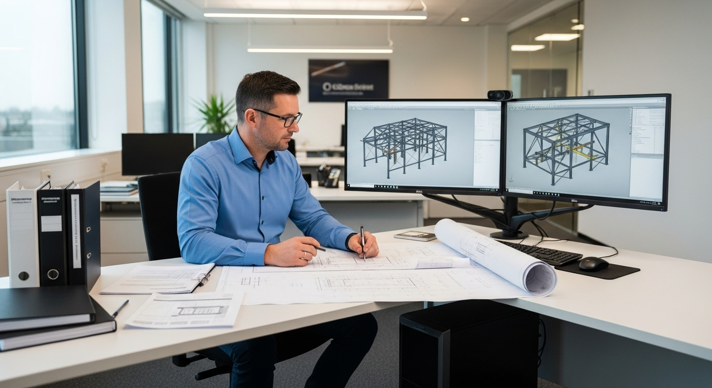 Professional engineer reviewing structural steel blueprints and technical drawings