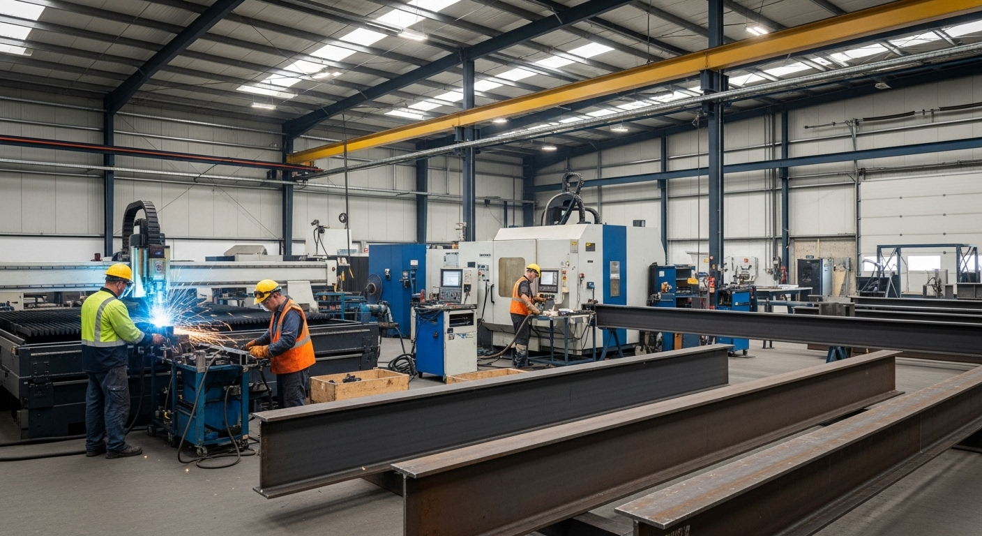 Modern steel fabrication workshop interior with advanced equipment and manufacturing facilities