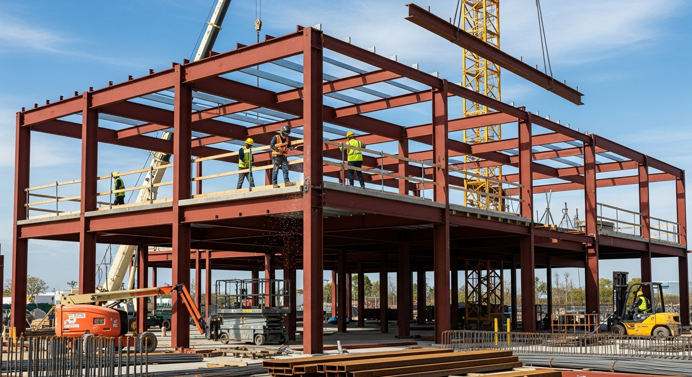 Steel structure construction site with crane erection operations